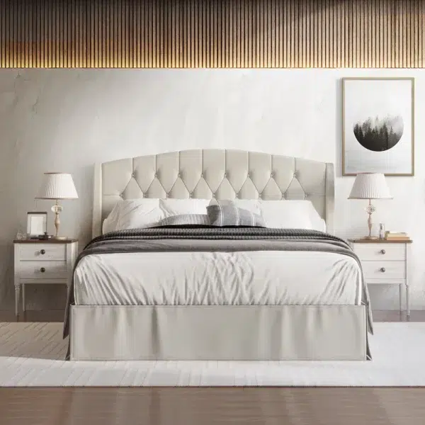 beige velvet upholstered bedroom furniture set